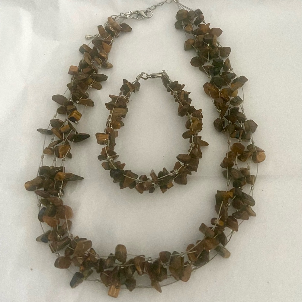 Real Tiger’s Eye semi Precious Stones Necklace and Bracelet Set Handcrafted